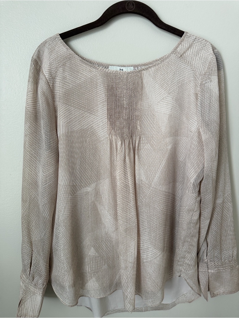 H by Halston Blush and Taupe Geometric Long-Sleeve Blouse